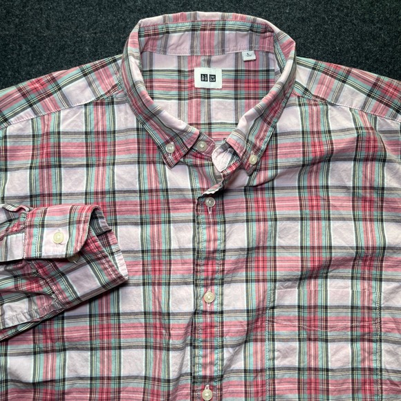 Uniqlo Other - Uniqlo Plaid Button Down Shirt Mens Large Pink Excellent Long Sleeve Cotton